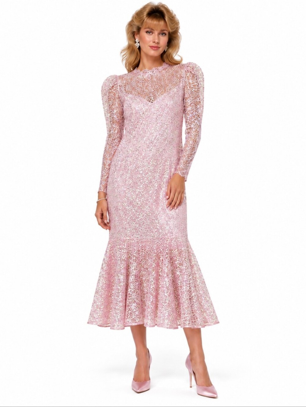 Vintage 80s Lillie Rubin Pink Sparkly Prom Dress 12 Lace 2 Piece Bling Ruffle